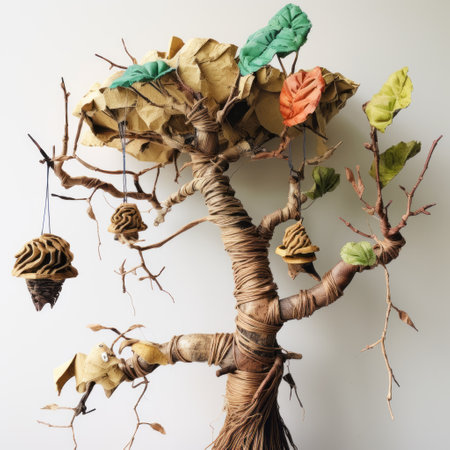 wet tree surrounded by children's upcycling creations made from natural materials such as paper, leaves, twigs, and acorns. these three-dimensional upcycled artworks showcase the creativity and resourcefulness of young minds. ai generatedの素材