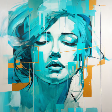 a street art portrait of women in an abstract painting style. this digital artwork combines elements of abstract, watercolor art, and paintings by artists such as james bullough, karol bak, and grzegorz domaradzki. the color palette features dark turquoise and light gold, with hints of sky-blue and yellow. the image showcases glass fragments art in high definition. ai generatedの素材