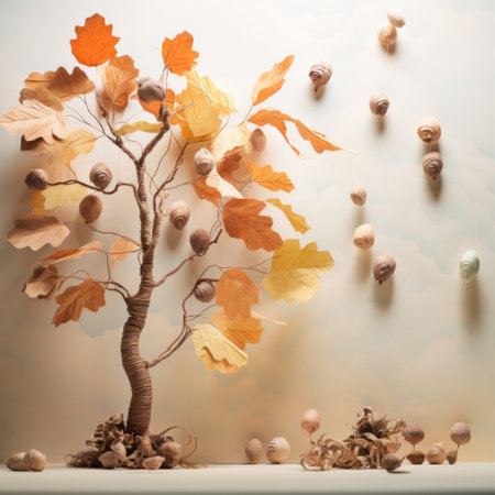 paper trees with a collection of nuts attached, inspired by the style of mike campau. these unique creations feature subtle color gradations and intricate leaf patterns. the earthy colors and meticulous attention to detail make them reminiscent of george stubbs' artwork. these paper trees serve as both murals and wall drawings, crafted by a talented ceramicist storyteller. ai generatedの素材