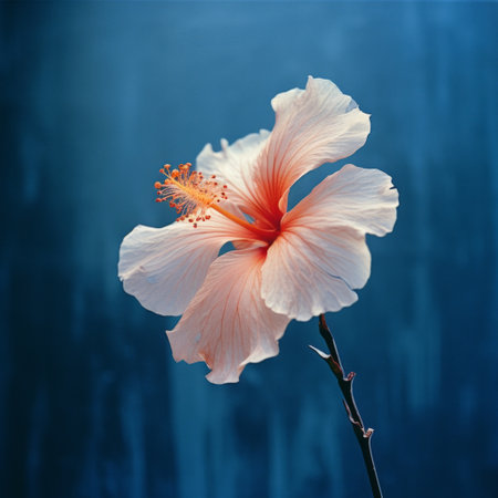 a hyperrealistic marine life-inspired flower on a stem, captured in soft atmospheric light reminiscent of ancient chinese art. this national geographic photo showcases the tropical symbolism of the flower, with its light sky-blue and light red hues. the uhd image beautifully captures the intricate details of the flower, creating a visually stunning composition. ai generatedの素材