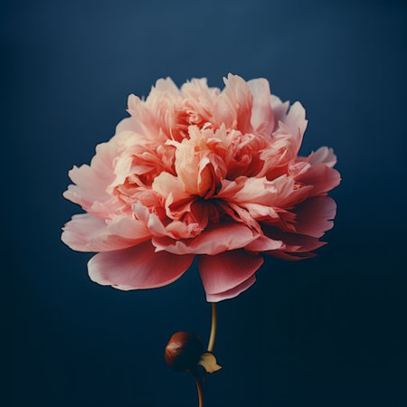 a pink peony flower, reminiscent of matthias jung's style, stands out against a dark background. the image captures the essence of mikko lagerstedt's nonrepresentational art, with a graceful balance of light navy and light beige tones. the touch of light red adds a captivating element, reminiscent of serge marshennikov's work. ai generatedの素材
