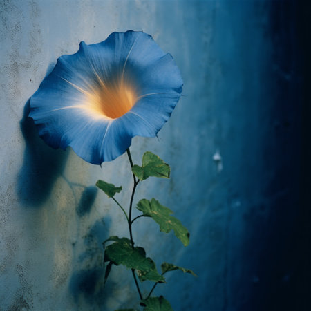 blue flower surrounded by lush greenery, captured in a realistic depiction of light. the spectacular backdrop enhances the beauty of this photography installation, showcasing a harmonious blend of light orange and indigo hues. warmcore radiates from the image, leaving viewers in awe of its breathtaking beauty. ai generatedの素材