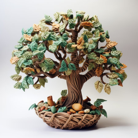 a ceramic tree of life, inspired by detailed fantasy art, is showcased in a basket against a clean white background. this classic still-life piece, created by oleksandr bogomazov, features intricate paper sculptures and utilizes earth tones. the composition exudes a whimsical charm reminiscent of the works of cicely mary barker. ai generatedの素材