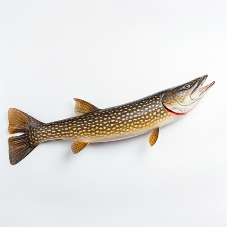 pike fish on white background isolated stock photo, wall sculpture and installation style, hyper-realistic still life. light brown and crimson colors create a brooding mood. dotted pattern adds visual interest. this photo captures the essence of a pike fish, showcasing its intricate details and evoking a sense of mystery. ai generatedの素材
