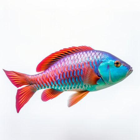many rachel's parrot fish are captured in this vibrant image, set against a clean white background. the composition is visually striking, reminiscent of ultraviolet photography. the fish display a beautiful combination of light red and azure hues, resembling a polychrome sculpture. the image showcases cultural symbolism and incorporates airbrushing techniques, with a sparse yet impactful use of color. ai generatedの素材
