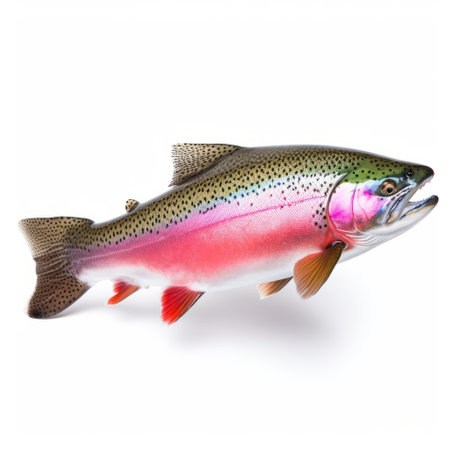 a rainbow trout is depicted in this photo, set against a white background. the trout is portrayed in a realistic and lifelike style, showcasing its dark pink and white colors. the artist, ron mueck, has skillfully created a brightly colored and detailed representation of the trout, with a smooth and shiny appearance. the artwork showcases elements of wildlife muralism, with layered translucency adding depth toの素材