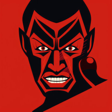 the photo features the face of a man named dredd, portrayed in the style of traditional african art, gothic illustration, and francis picabia. with a strong facial expression, the image draws inspiration from necronomicon illustrations, flat illustrations, and the works of shirin neshat. against a vibrant red background, this captivating portrait merges various artistic influences seamlessly. ai generatedの素材