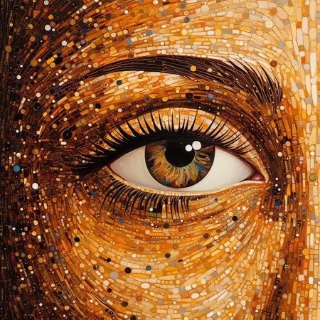 a mosaic face of a human with a golden and glittering sash, resembling a photorealistic eye. the artwork showcases a combination of pointillist techniques, with shades of brown and amber creating an optical illusion. the eye-catching detail and eclectic curatorial style make it a captivating piece of technological art. ai generatedの素材