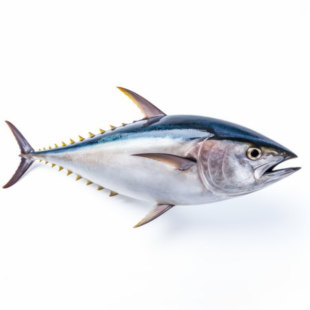 tuna in motion, isolated against a white background, showcases its sleek and powerful form. the photo captures the essence of the tuna's movement, with its shiny eyes adding a touch of realism. the light indigo and light gold tones create a visually striking composition. this high-resolution image, reminiscent of national geographic's style, evokes serene maritime themes with dramatic lighting. ai generatedの素材