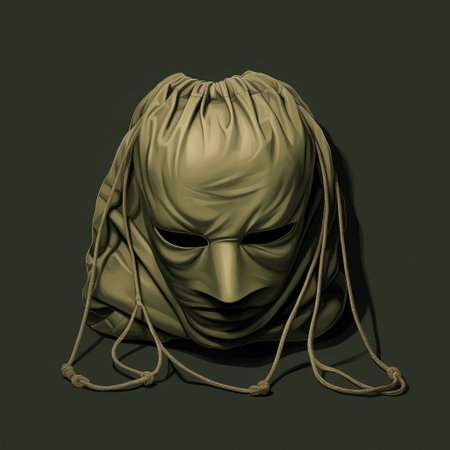 a conceptual sculpture of a man wearing a mask and a cape, created in the style of zbrush, is placed on a dark background. the sculpture, made from a paper bag, features a dark beige and green color scheme with trace monotone details. the intricate design resembles tangled nests, enhanced by soft shading. ai generatedの素材
