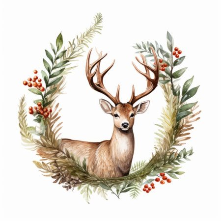 a deer stands gracefully amidst a wreath adorned with vibrant berries and leaves, reminiscent of watercolor illustrations. this european symbolism-inspired artwork exudes an adventurous theme, incorporating elements of taxidermy and xmaspunk. the naturalistic realism and traditional vietnamese influences add depth and cultural richness to this captivating composition. ai generatedの素材