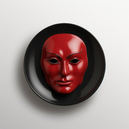 a red and black plate featuring a photorealistic composition of a mask. this artwork showcases realistic human figures with minimal retouching, capturing lively facial expressions. the style draws inspiration from chinapunk and classical symmetry, creating a captivating piece of advertising art. ai generatedの素材