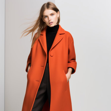 an eye-catching photo of a woman wearing an orange coat and orange sweater. the image showcases the precise craftsmanship of the women designers, with a minimal retouching style and high-key lighting. the chromatic minimalism is enhanced by the use of kodak portra film, resulting in a visually striking composition. ai generatedの素材