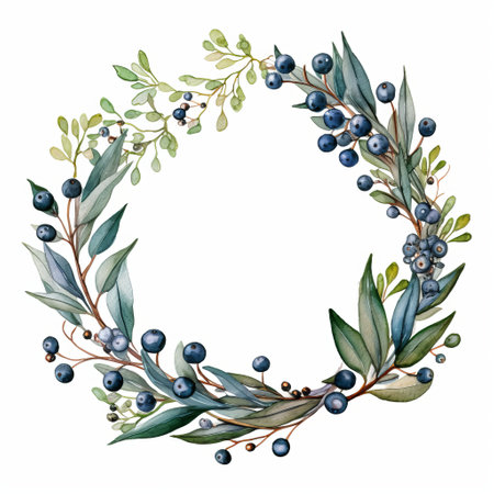 irving blueberry wreath in watercolour res, featuring a dark green and light blue color palette. this nature-inspired composition showcases decorative borders and exquisite details. the australian landscapes add a festive atmosphere, making it a joyful celebration of nature. ai generatedの素材