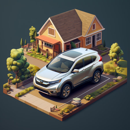 a honda crv is depicted in an isometric version, positioned beside a house. the artwork follows the style of realistic landscapes with soft, tonal colors, and incorporates quirky characters and objects. inspired by the works of zbrush and john frederick kensett, this composition showcases detailed outdoor scenes in a cartoon-like manner. ai generatedの素材