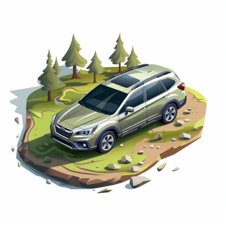the subaru outback is depicted on a scenic trail surrounded by lush trees. this cartoon-style composition showcases isometric, isolated landscapes with a tactile texture. the image features a harmonious blend of green and gray tones, making it ideal for editorial illustrations. enjoy the high-definition quality of this captivating uhd image. ai generatedの素材
