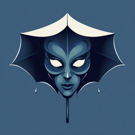 a woman is depicted inside an umbrella, reminiscent of necronomicon illustrations. the image showcases elements of superheroes, with a dark blue color scheme and a monochromatic minimalist portrait style. the woman is surrounded by characterized animals and ritualistic masks, creating a close-up intensity. ai generatedの素材
