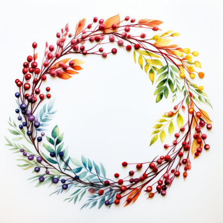 a watercolor autumn berry wreath is showcased in this photo, isolated on a white background. the wreath is created in the style of paper sculptures and found object installations, with a matte background enhancing its vibrant colors. the image captures the essence of colorful storytelling, expressive calligraphy, and multi-colored minimalism. ai generatedの素材