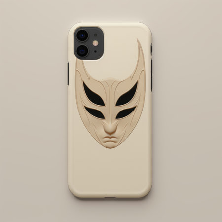 a phone case showcasing a devil mask image with a light beige and silver color scheme. this vray-designed case combines elements of shodo, conceptual simplicity, and marvel comics. the kintsukuroi technique adds a touch of elegance to the high-resolution design. ai generatedの素材
