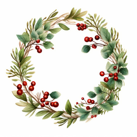 a wreath made of berries and green leaves, painted in a realistic watercolor style by xmaspunk artist eilif peterssen. the wreath features light emerald and crimson hues, with exquisite details reminiscent of whistlerian art. it creates a festive atmosphere with its vibrant colors and natural elements. ai generatedの素材