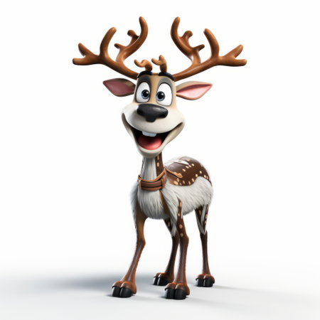 the rudolph reindeer, with its antler, stands on a white background in a playful character design. rendered in cinema4d, this highly realistic image captures the essence of the helsinki school's cartoonish caricatures. the frozen movement adds a touch of charm to this uhd image. ai generatedの素材