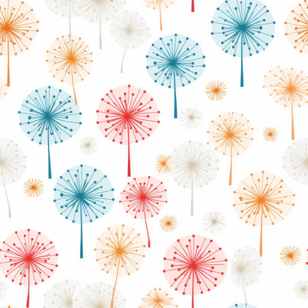 seamless pattern featuring dandelion and colorful sundries, inspired by ethereal trees. the design showcases a mid-century modern style with a white background. this captivating pattern, found on flickr, incorporates light red and blue hues. it is a nature-inspired abstraction with symmetrical arrangements, perfect for adding a touch of whimsy to any project. ai generatedの素材