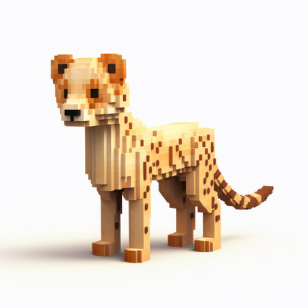 the lego minecraft cheetah is a stunning creation made from a collection of geometric blocks. inspired by the style of daz3d, this cheetah sculpture showcases intricate details and a hyperrealistic appearance. set against a white background, the glazed earthenware texture adds a touch of historical illustration. with its sparse and simple design, this lego minecraft cheetah captivates with its flicker effects. ai generatedの素材