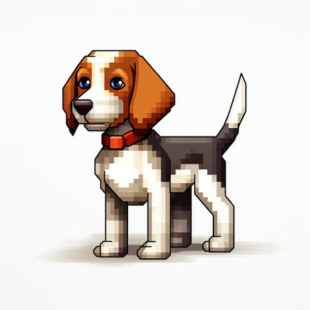 a pixelated beagle stands in this 2d game art style photo, showcasing portraiture iconography. the image features realistic lighting, angular simplicity, and crisp outlines, creating an illustration with a creative commons attribution. ai generatedの素材