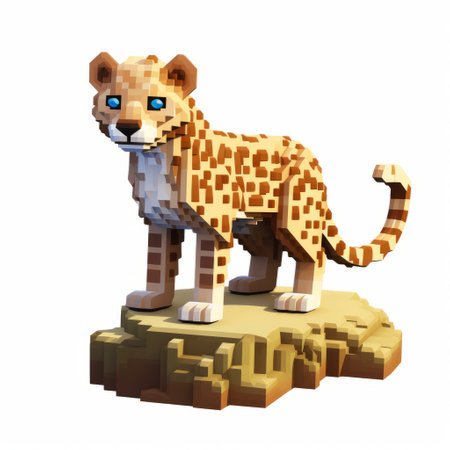 a cheetah in voxel art style stands on a rocky platform, showcasing toy-like proportions. the light beige and azure colors create a vibrant and eye-catching composition. with powerful symbolism and emphasis on character design, this colorful image captivates the viewer. the cheetah's presence against a white background adds to the overall impact. ai generatedの素材