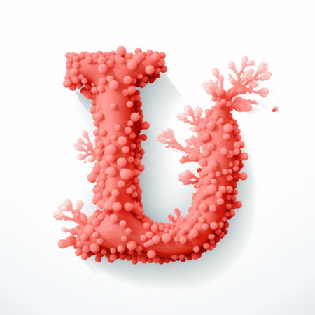 a hyperrealistic illustration of a bubble letter "u" created using red c-shaped bubbles. the design incorporates elements of marine life, organic formations, light orange and pink hues, distressed materials, technological influences, detailed attention, and unconventional materials. ai generatedの素材
