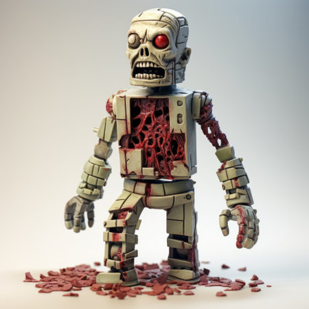 a new lego body of a dead zombie is showcased in this hyper-detailed rendering. the red background adds a striking contrast to the realistic and mechanical designs. with vray tracing, the stone sculpture-like appearance creates a structured chaos that is reminiscent of precisionist art. the tenebrous atmosphere adds an eerie touch to this unique lego creation. ai generatedの素材