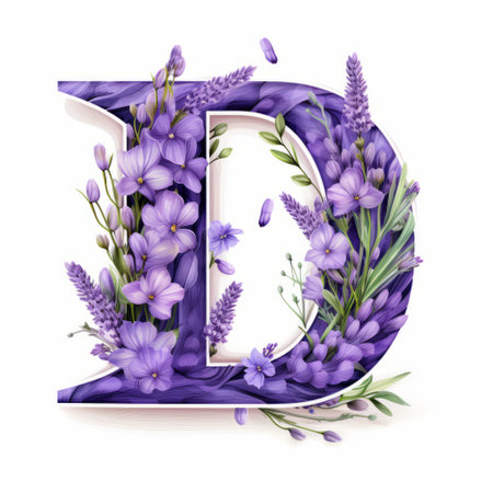 a photo of a decorative letter "d" made from lavender flowers. the font is artistic and resembles realistic, detailed rendering. the bold lettering is inspired by the works of dima dmitriev and jan davidsz de heem. the design showcases naturalistic depth with multidimensional layers, similar to the style of mandy disher. ai generatedの素材