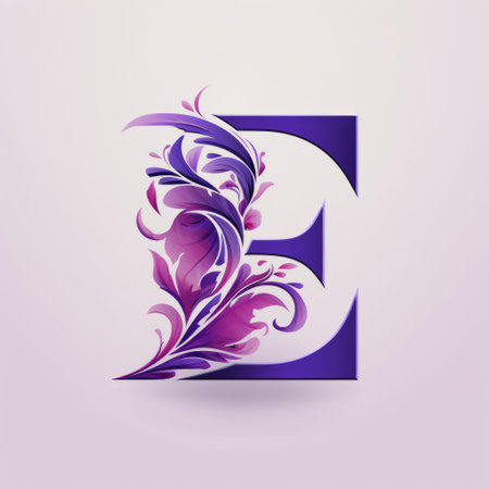 the letter "e" stands out on a vibrant violet background adorned with beautiful blue and purple flowers. this captivating image showcases calligraphic abstractions, intricate feather rendering, personal iconography, and innovative page design. the use of liquid emulsion printing adds a unique touch to this organic sculpture, resulting in an eye-catching visual masterpiece. ai generatedの素材