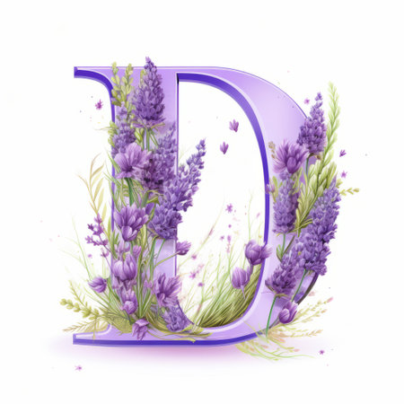 the letter "d" is showcased in this photo, featuring a vibrant lavender color and surrounded by beautiful flowers. the image is isolated on a clean white background, and the style resembles the artistic techniques used in daz3d, lettering mastery, and dariusz zawadzki's work. the overall composition showcases realistic landscapes with soft, tonal colors, reminiscent of dye-transfer prints and the high level of detail found inの素材