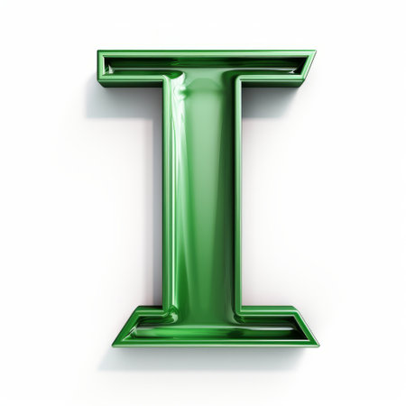 the green letter "i" stands out on a white background, resembling a metallic incision. this high-resolution image is part of the shiny and glossy incisioni series by vittorio tessari. the interactive exhibit showcases intricate details, capturing attention with its vibrant colors and unique design. ai generatedの素材