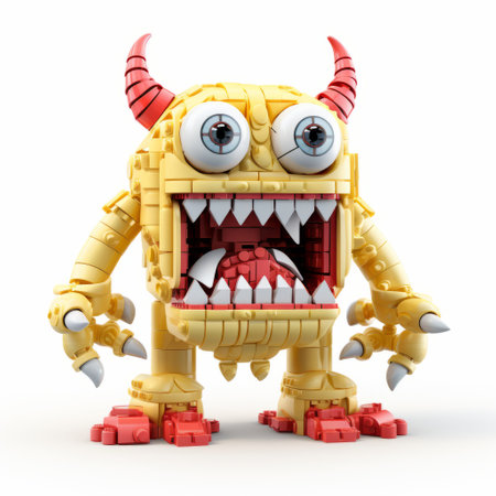 a yellow lego monster, in the style of highly detailed illustrations, stands on a white surface. the dada-inspired creature is a mix of light beige and crimson colors. captured with a konica big mini camera, the image has a low resolution, giving it an explosive and chaotic feel. this eye-catching photo is sure to grab attention. ai generatedの素材