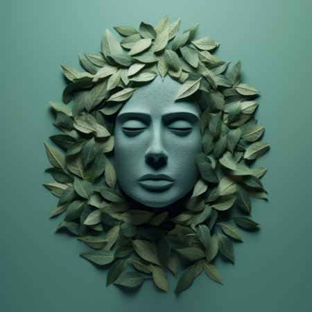 a woman's head covered in leaves, captured in a hyperrealistic composition by caras ionut. this whimsical figurative artwork showcases minimalistic serenity with a blend of dark green and light azure tones. the uhd image beautifully highlights the intricate details of the relief sculpture. ai generatedの素材