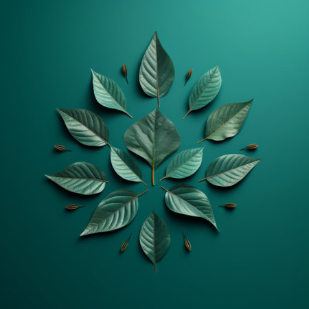 flowering green leaves on a green background create a minimalistic and symmetrical composition. this realistic photo with surrealistic elements captures the essence of nature. the dark cyan and brown tones add depth to the image, while symbolic elements enhance its visual appeal. with a symmetrical arrangement and eco-friendly craftsmanship, this photo embodies the beauty of the natural world. ai generatedの素材