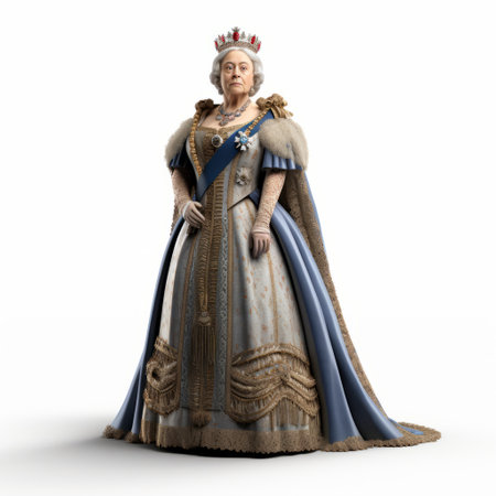 queen victoria, a 3d representation, is depicted in full body on a white isolated background. this photo captures the regal presence of queen victoria, showcasing her iconic stature and historical significance. the white background emphasizes her prominence, making her the focal point of the image. ai generatedの素材