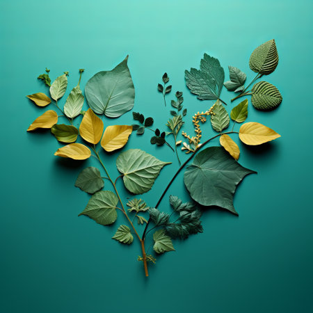 green leaves on a blue background form a heart shape, combining teal and amber hues. this artistic composition blends natural and man-made elements, incorporating found objects and ephemeral materials. the result is a romantic and visually captivating display that highlights the beauty of nature. ai generatedの素材