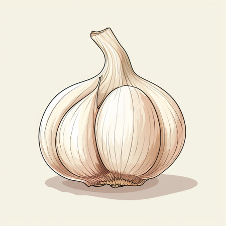 a hand-drawn vector illustration of a garlic icon, featuring detailed shading and a beige color palette. the illustration is set against a background with traditional chinese painting elements in light pink and amber tones. the overall style is reminiscent of smooth and polished late 19th-century artwork. ai generatedの素材