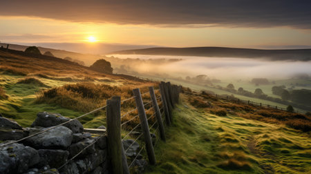 sunrise over a misty hillside, captured on a 70mm lens, showcases the light-filled landscapes reminiscent of adrian donoghue's style. shot with a canon eos 5d mark iv, this photograph evokes the lively landscapes often seen in the works of heywood hardy and charles willson peale. ai generatedの素材
