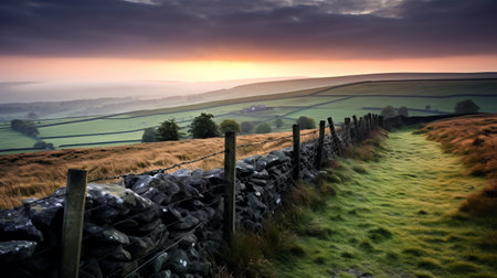 stone wall and road leading into a vibrant grassland, captured in the style of richly colored skies. this british topographical scene, beautifully backlit, showcases the stunning beauty of nature. a captivating photograph that could easily grace the pages of national geographic. ai generatedの素材