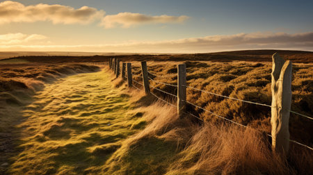 sand dunes and stone fence on english moors at sunrise. ai generatedの素材