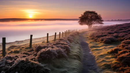 sunrise over a garden with grass and trees, capturing the ethereal beauty of traditional british landscapes. this mesmerizing photo, reminiscent of max rive's style, showcases a blend of light magenta and amber hues. the misty atmosphere adds a touch of mystery, creating a lively coastal landscape that could easily grace the pages of national geographic. ai generatedの素材