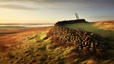 a wall of rock and sand, reminiscent of traditional british landscapes, stands tall in this photo. the mist adds an ethereal touch, while spot metering captures the golden light perfectly. the aesthetics of the farm security administration are evident, giving the image a vintage feel. restored and repurposed, the high horizon lines add depth to this captivating scene. ai generatedの素材