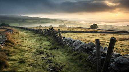 a stone fence stands prominently in the foreground, while lush green grass stretches out into the distance. this captivating photo captures the essence of traditional british landscapes, with its layered and atmospheric composition. the richly colored skies and mist add a touch of mystery and allure. shot in iso 200, this 32k uhd image is a stunning example of national geographic photography. ai generatedの素材
