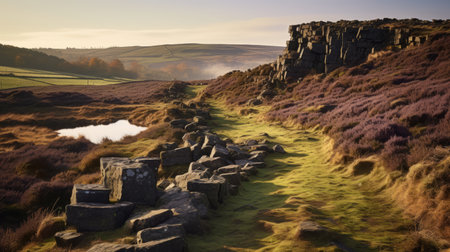 a photo capturing a walk through a rugged area with stones, reminiscent of traditional british landscapes. the composition showcases a mix of light pink and dark amber hues, highlighting grandiose ruins. this national geographic photo exudes a primitivist vibe, with mosscore elements and terraced cityscapes adding to its allure. ai generatedの素材