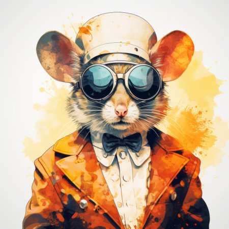 a mouse wearing a fur top and jacket, sporting sunglasses, in a painterly style. this master of ink showcases a color splash of light brown and orange. the scientific illustrations capture the handsome and clever wit of this stylish rodent. ai generatedの素材
