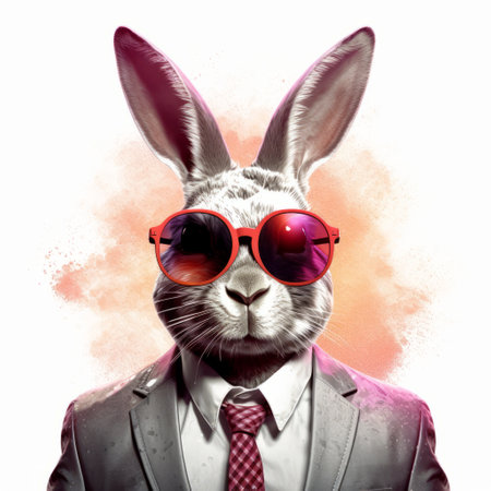 an orange rabbit wearing sunglasses and a tie is depicted in this photorealistic fantasy artwork. the rabbit is dressed in a suit, giving off a corporate punk vibe. the color palette includes dark white and light magenta, creating a visually striking contrast. the image is enhanced with digital airbrushing techniques, resulting in a groovy and infrared-like effect. ai generatedの素材